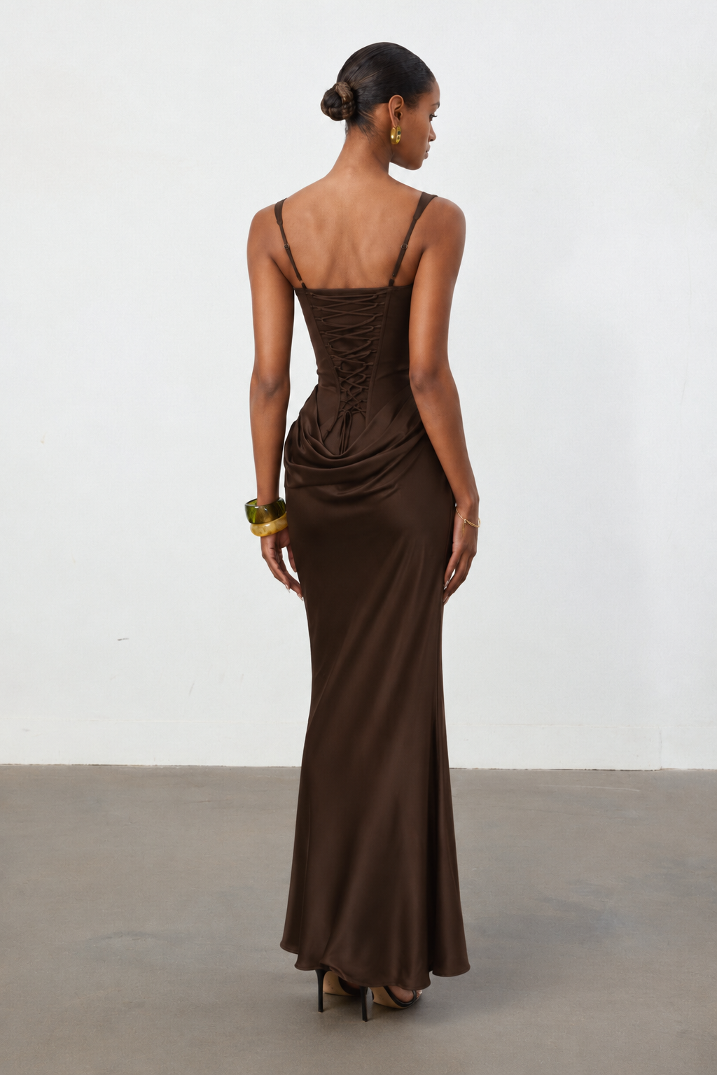 Winey Elegant Cinching Waist Square Neck Thin Strap Boned Fitted Draped Ruched Satin Mermaid Brown Maxi Dress