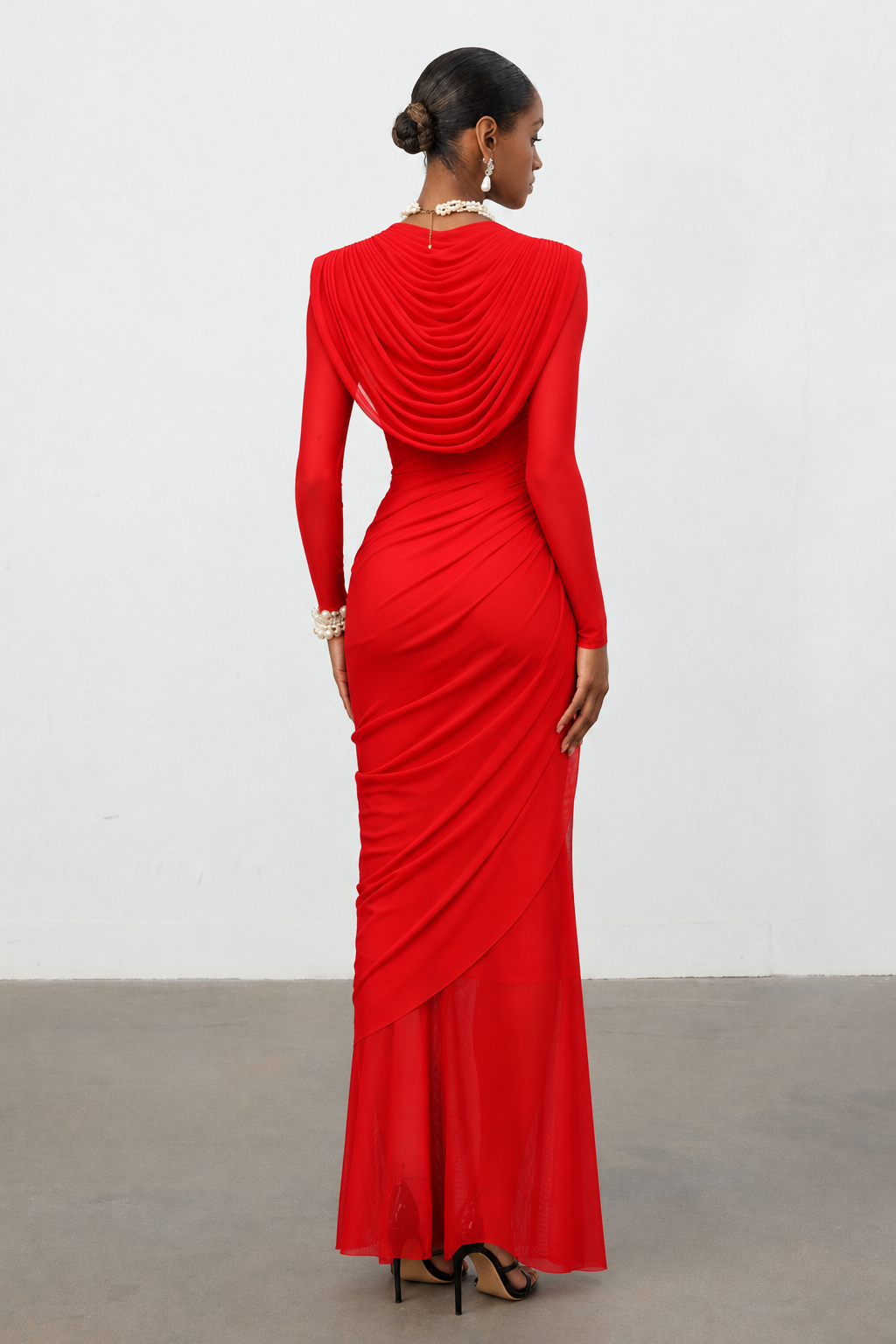 Kale Elegant Cinched Waist Long Sleeve Ruched Mermaid Woven Maxi Dress