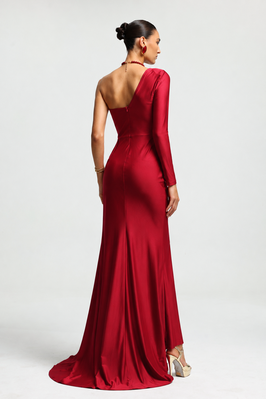Piaka Elegant Contour One Shoulder Long Sleeve Ruched Sash Maxi Dress