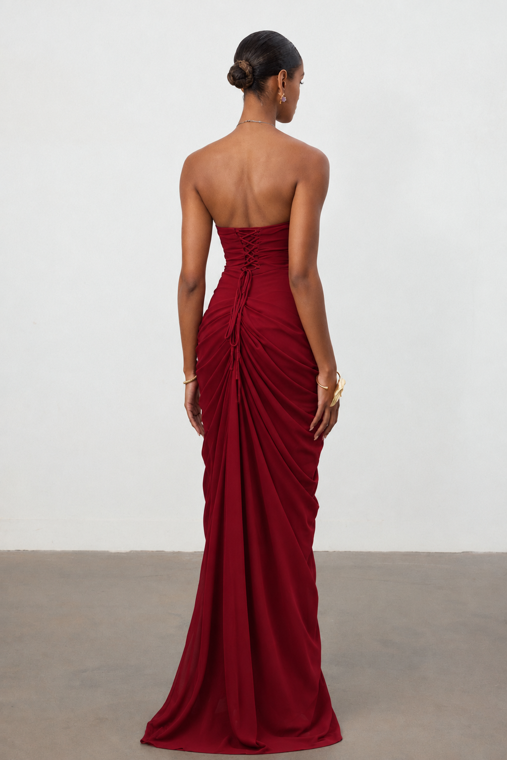 Tazeda Elegant Contour Strapless Ruched Mesh Red Maxi Dress