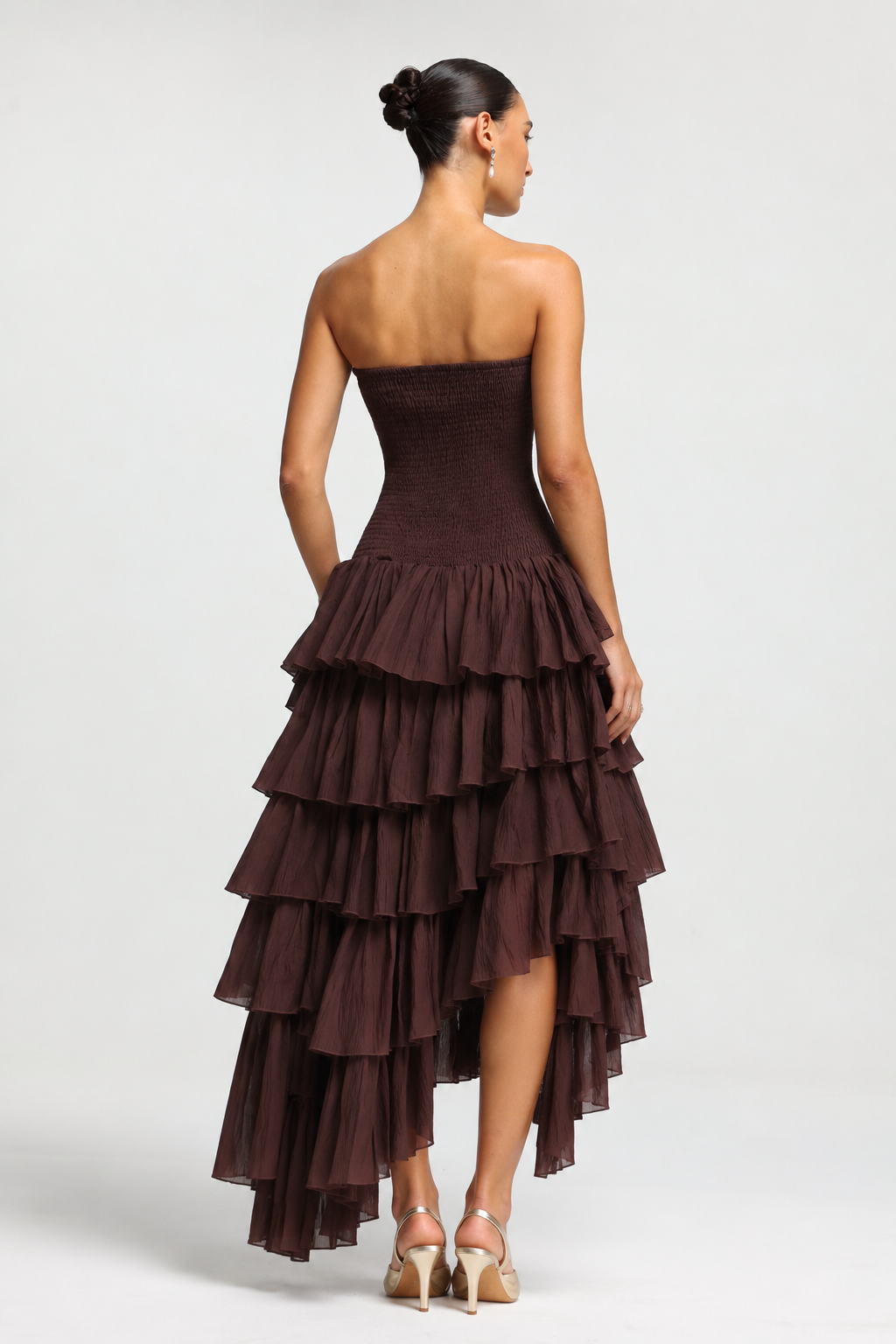 Orisy Vacation Strapless Shirred Tiered Ruffle Maxi Dress