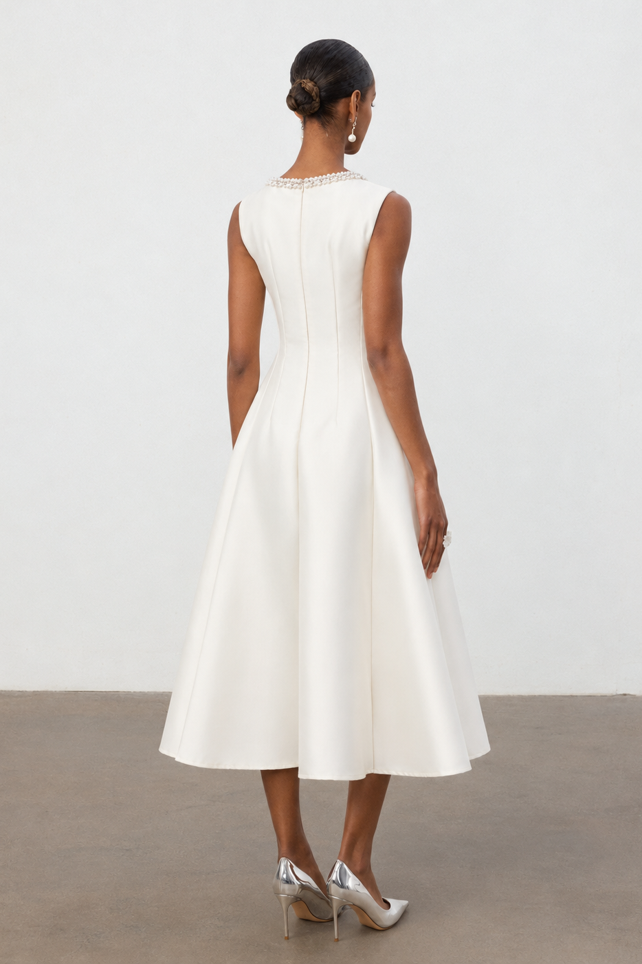 Velma Minimalist Cinched-Waist Sleeveless Pearl Rhinestone A-Line Maxi Dress