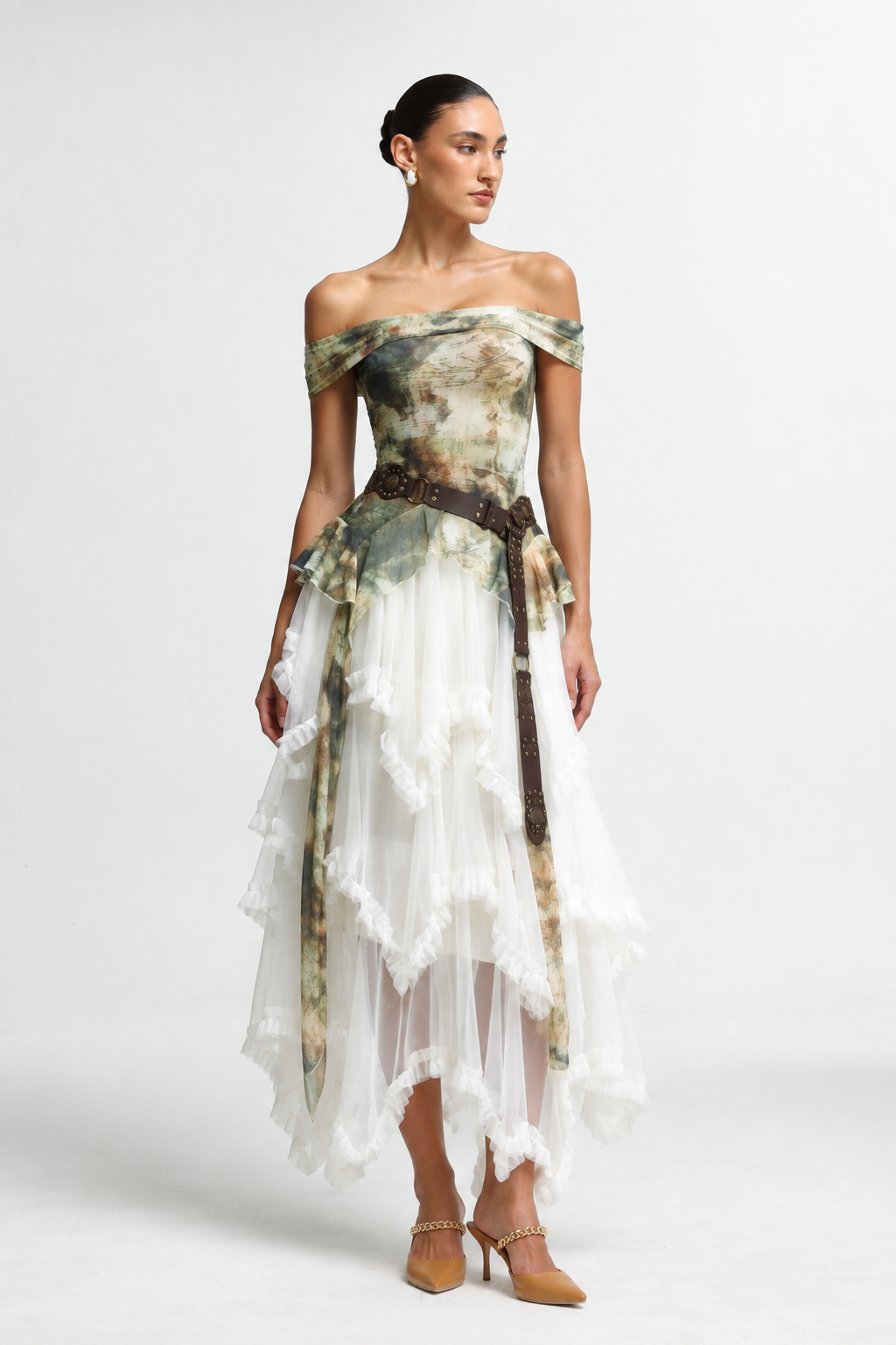 Zuly Bohemian Flowy Off Shoulder Tiered Ruffle Tulle Top and Skirt Two Piece Set