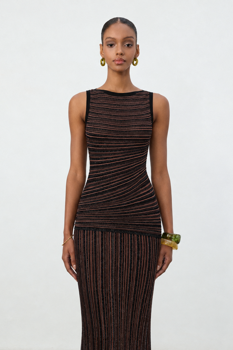 Katja Romantic Contour Round Neck Sleeveless Striped Knit Top and Skirt Two Piece Set