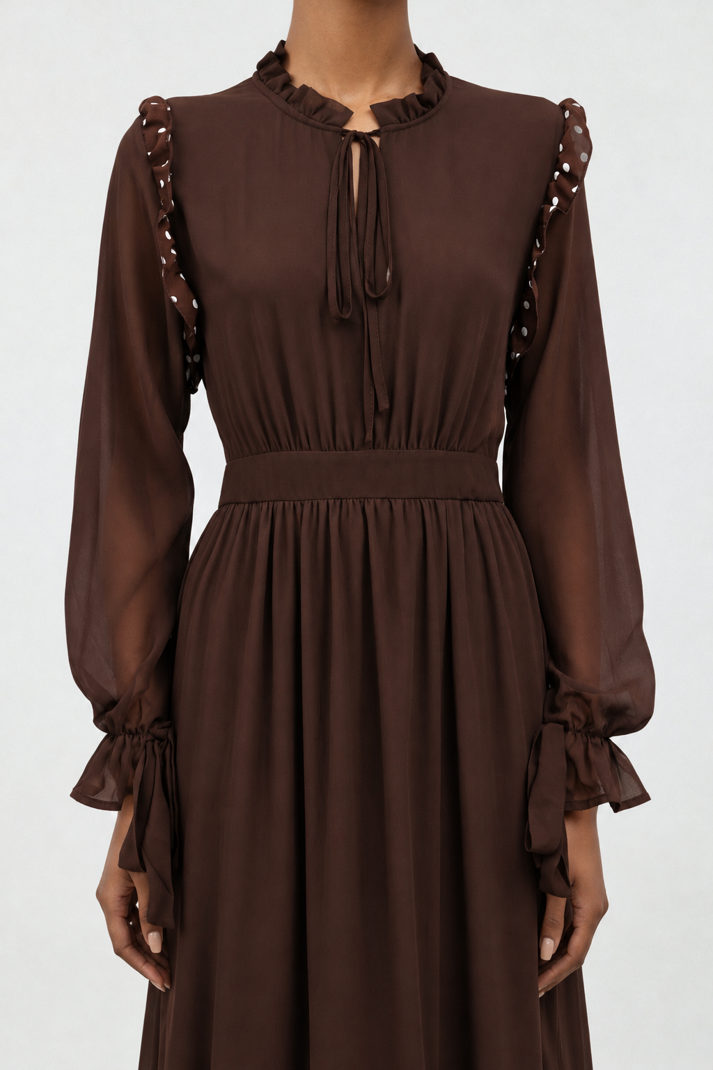 Huresa Vintage Flowy Long Sleeve Polka Dot Ruffle Woven Maxi Dress