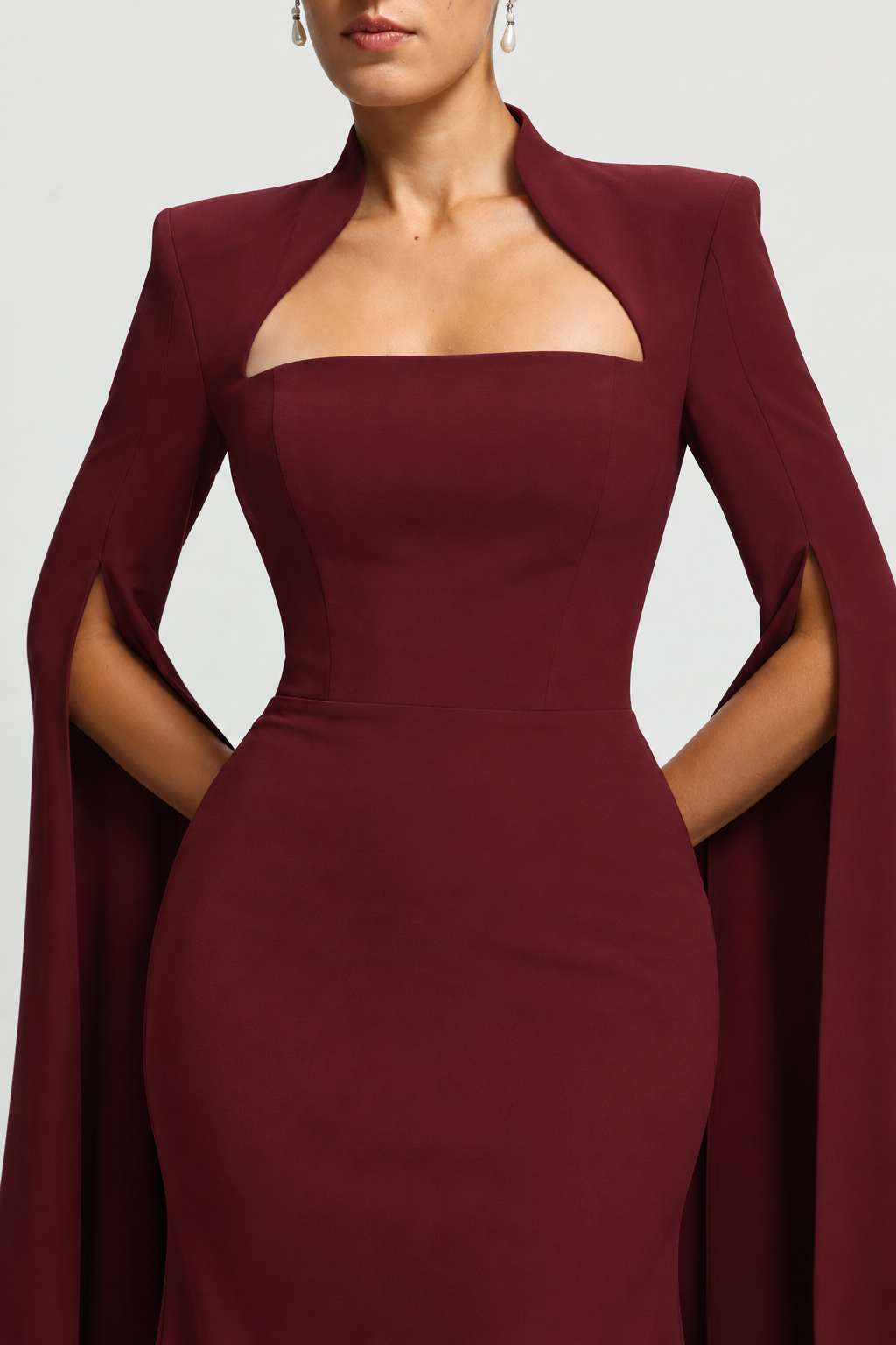 Werko Elegant Tailored Square Neck Cape Sleeve Woven Maxi Dress