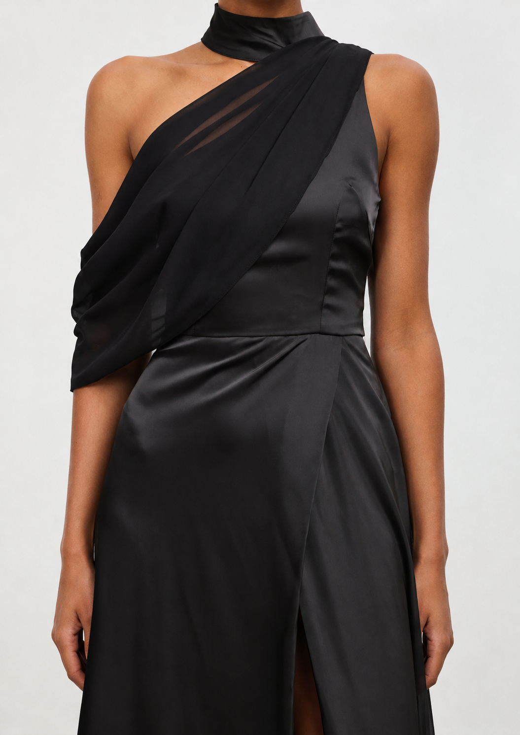 Kailani Chic Flowy High Neck One Shoulder Pleated High Slit Satin Black Maxi Dress