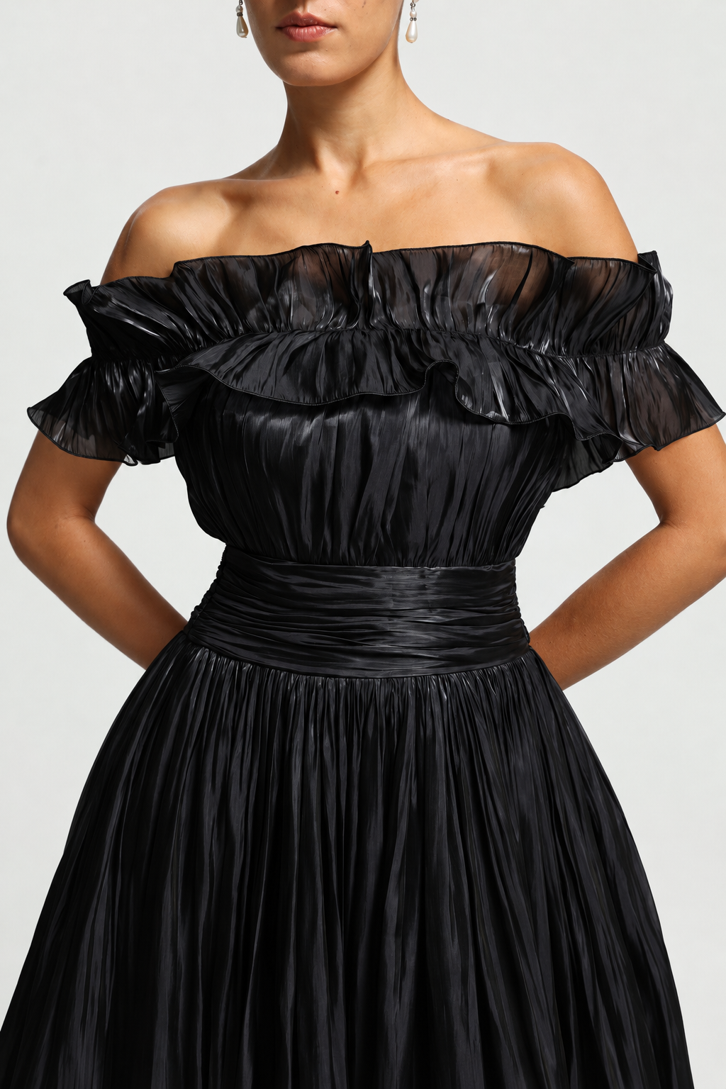 Suku Elegant Flowy Off Shoulder Ruched Black Maxi Dress