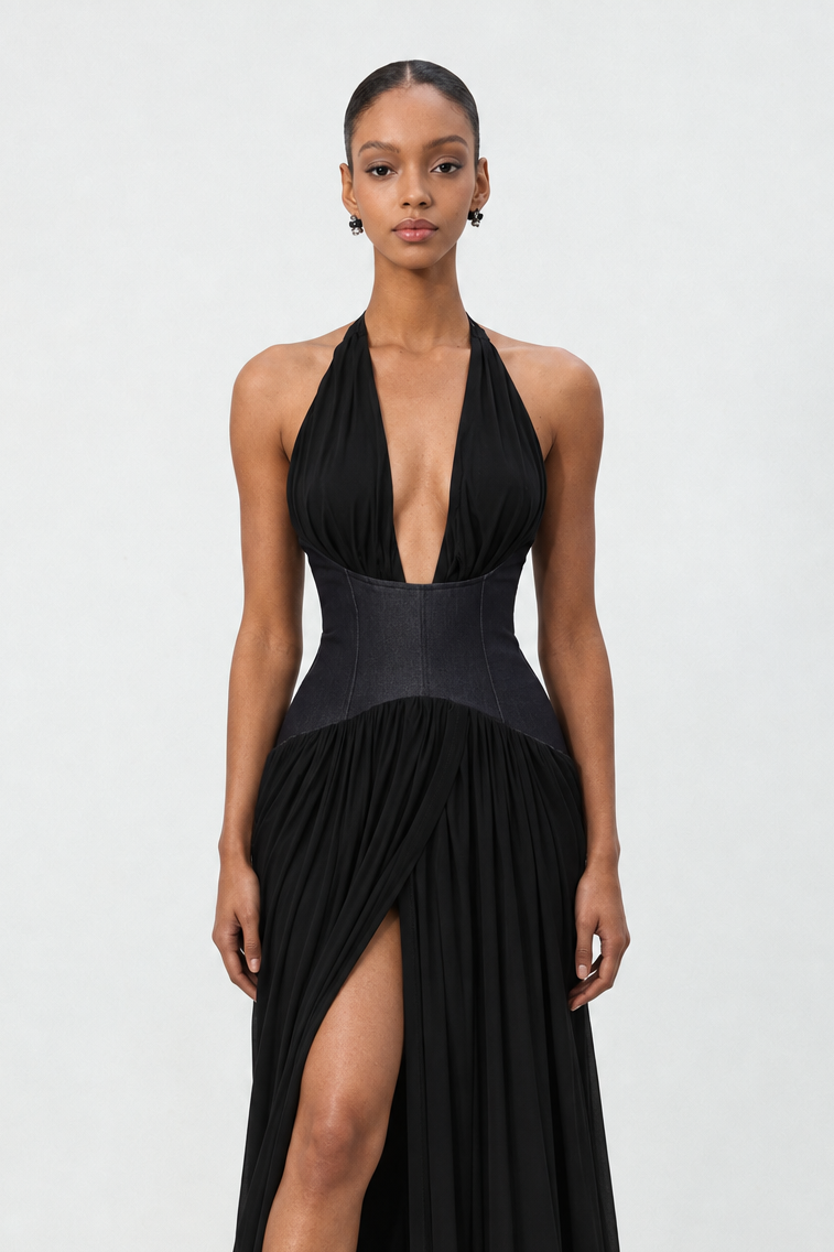 Siayh Modern Halter V Neck Color Block Black Maxi Dress