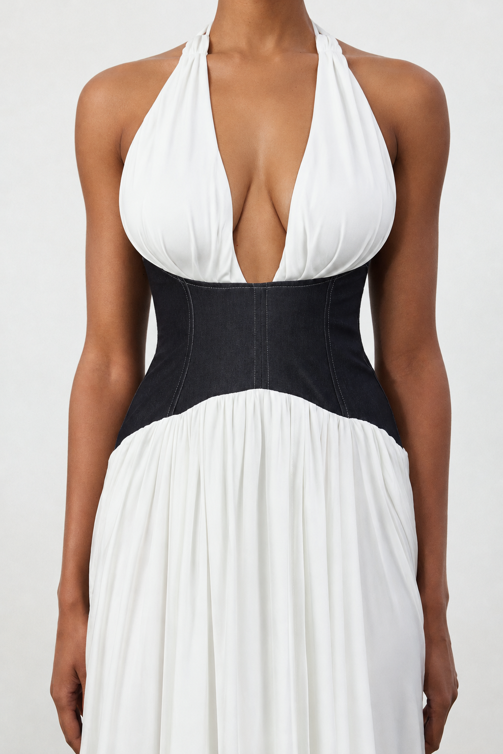 Siayh Modern Halter V Neck Color Block Maxi Dress