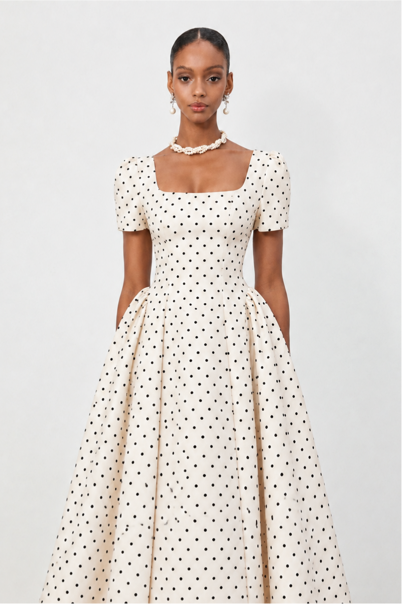 Shirley Elegant Tailored Short Sleeve Polka Dot Woven Maxi Dress