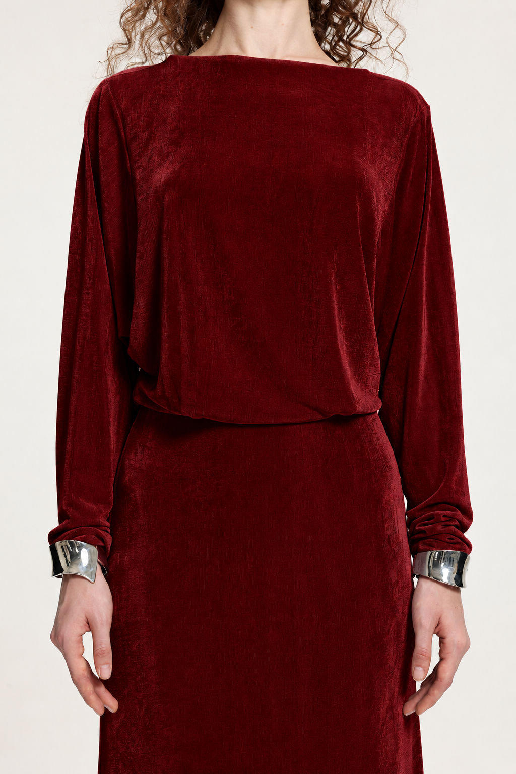 Burgundy Boat Neck Dolman Sleeve Open-Back Maxi Dress