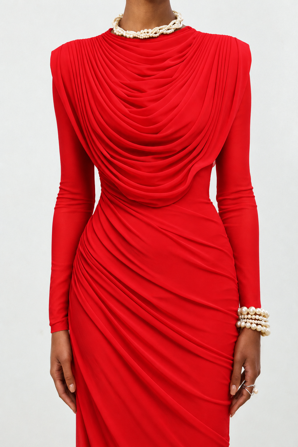 Kale Elegant Cinched Waist Long Sleeve Ruched Mermaid Woven Maxi Dress