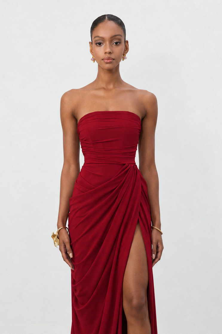 Tazeda Elegant Contour Strapless Ruched Mesh Red Maxi Dress