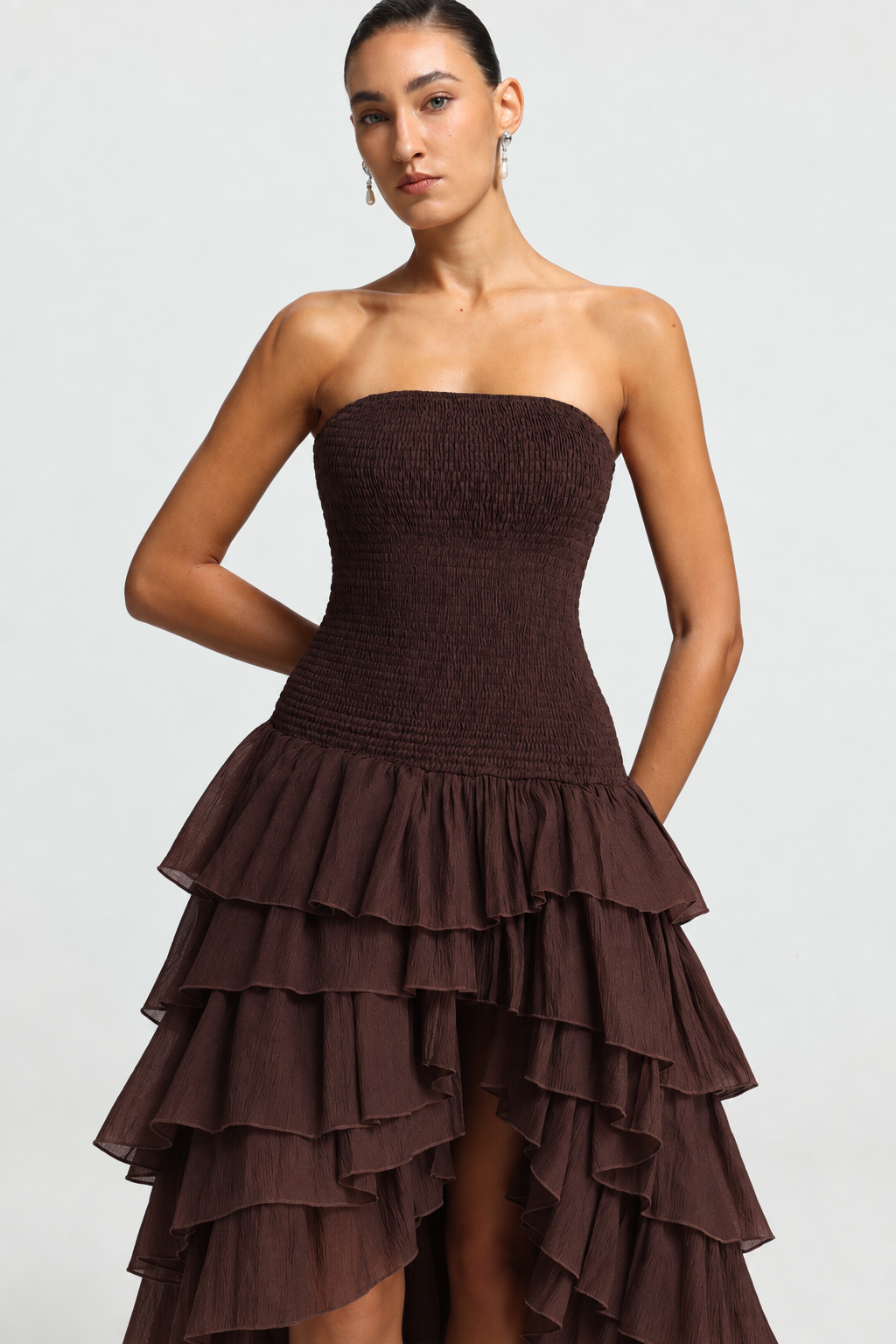 Orisy Vacation Strapless Shirred Tiered Ruffle Maxi Dress