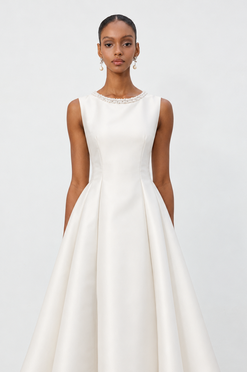 Velma Minimalist Cinched-Waist Sleeveless Pearl Rhinestone A-Line Maxi Dress