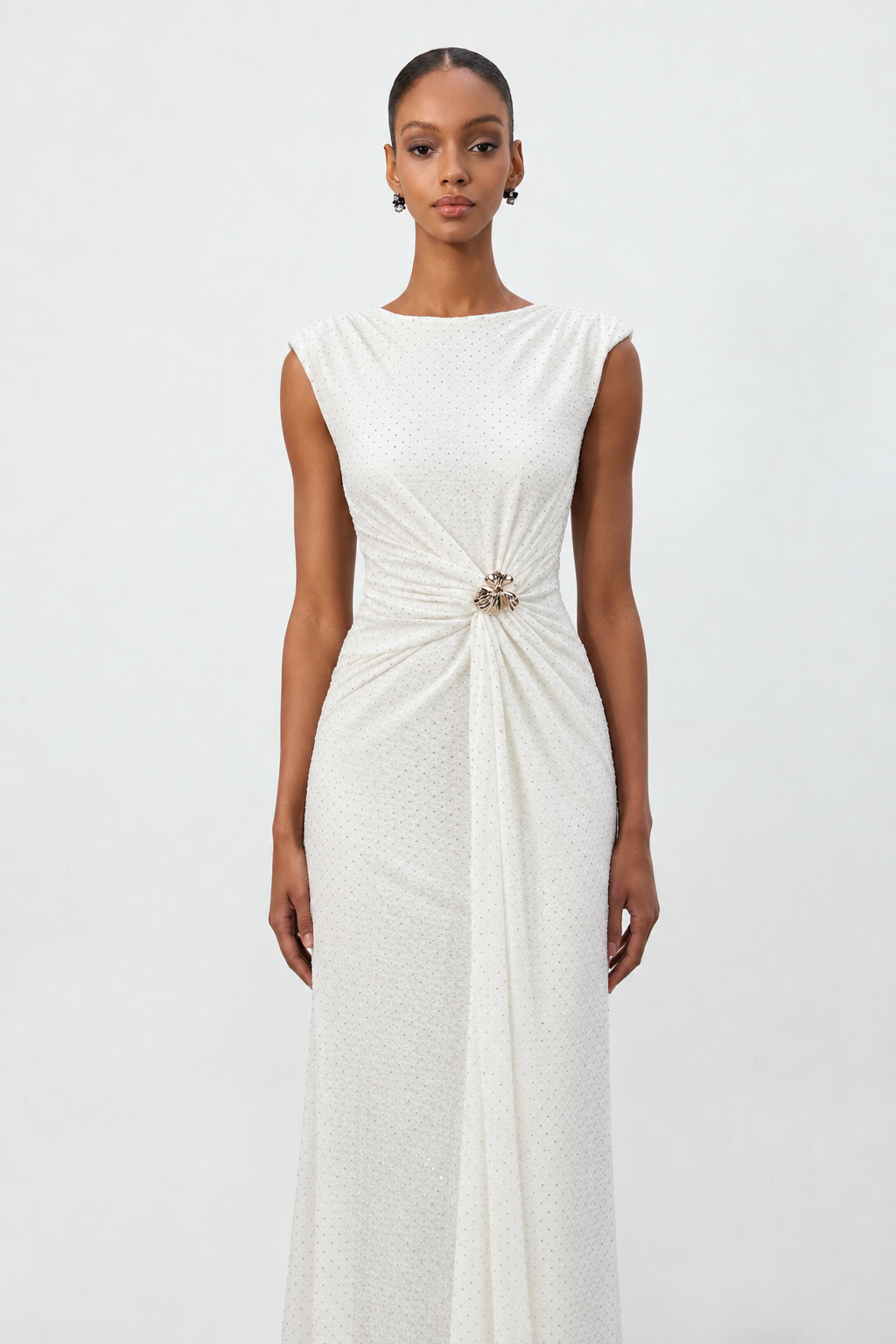 Hzere Elegant Contour Sleeveless Pleated Metal Decor Lace Apricot Maxi Dress