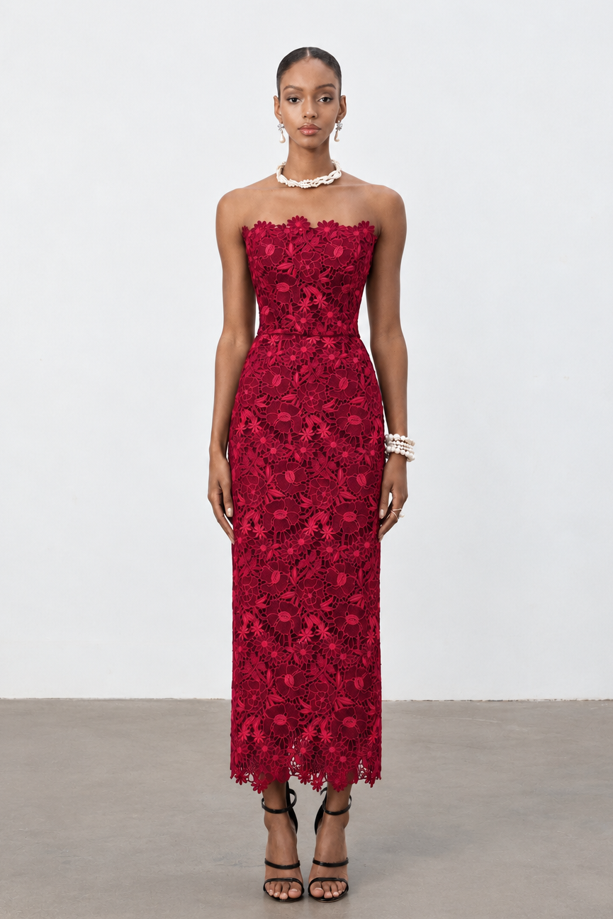 Ruby Red Floral Lace Strapless Column Midi Dress