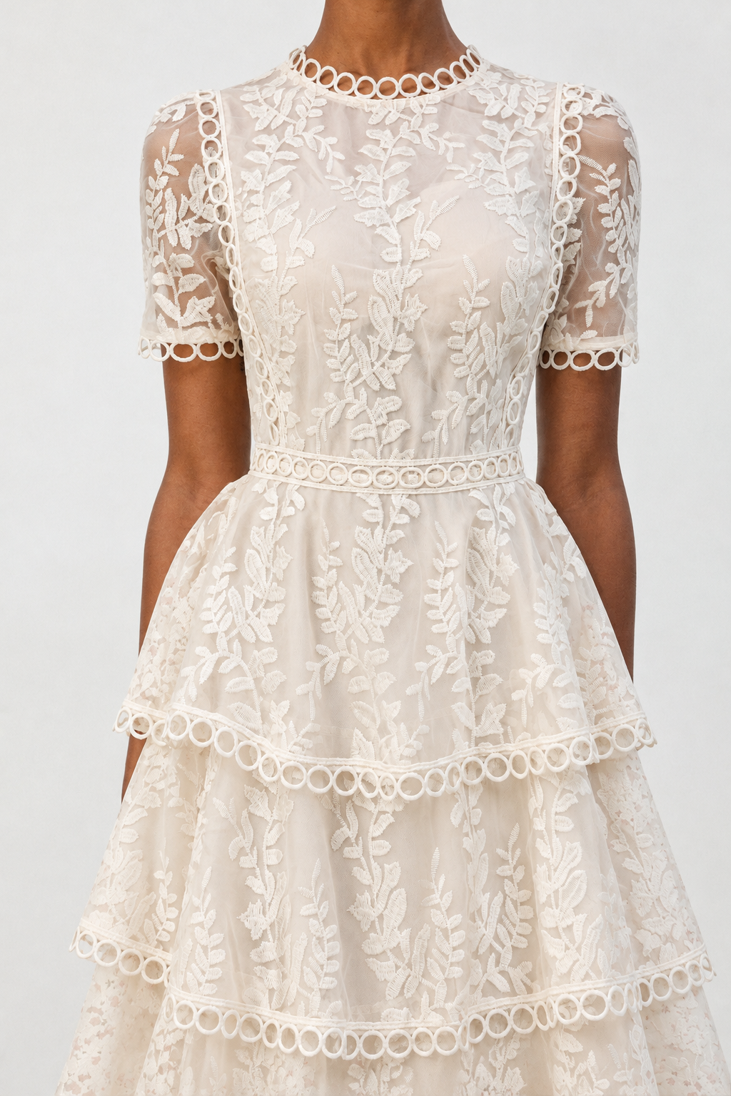 Yedda Resort Flowy Round Neck Short Sleeve Floral Embroidered Woven Maxi Dress