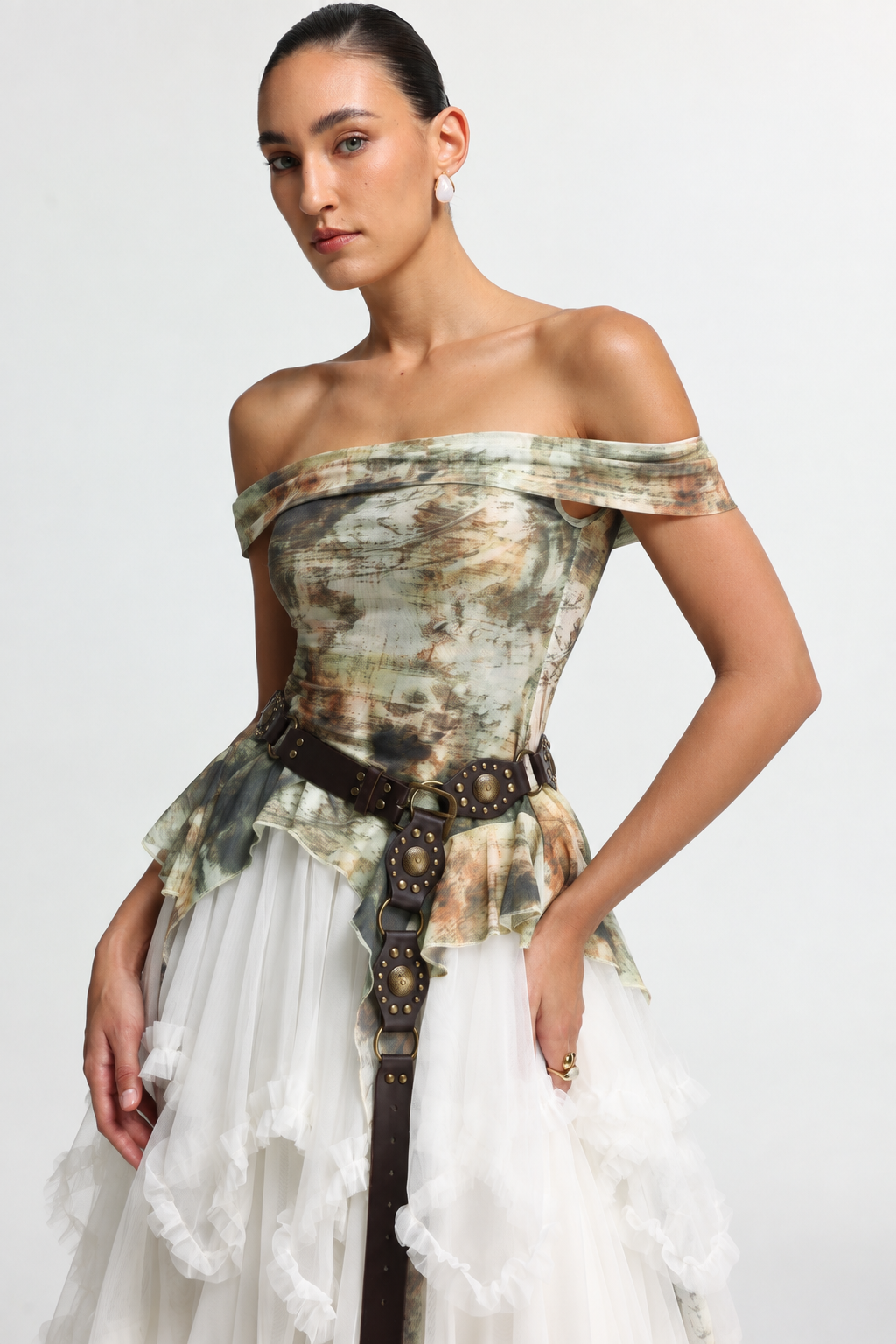 Zuly Bohemian Flowy Off Shoulder Tiered Ruffle Tulle Top and Skirt Two Piece Set