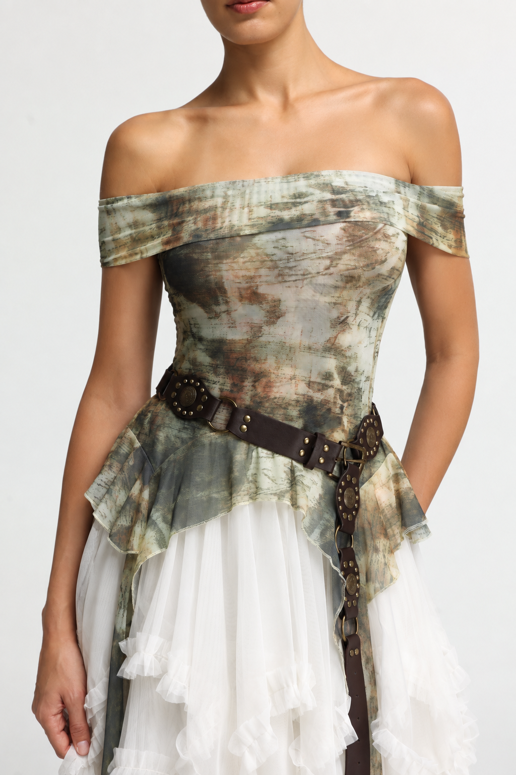 Zuly Bohemian Flowy Off Shoulder Tiered Ruffle Tulle Top and Skirt Two Piece Set