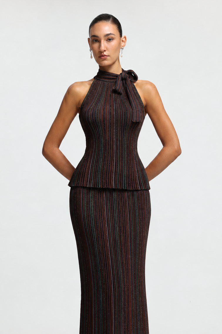 Ursula Vertical Contour Sleeveless Bowvertical Stripes Knit Top and Skirt Two Piece Set