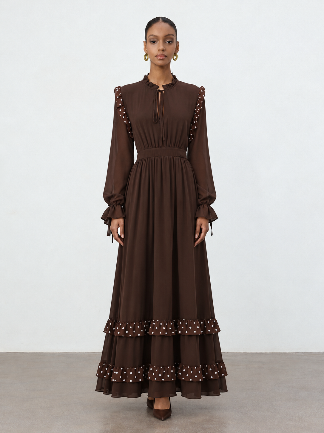 Huresa Vintage Flowy Long Sleeve Polka Dot Ruffle Woven Maxi Dress