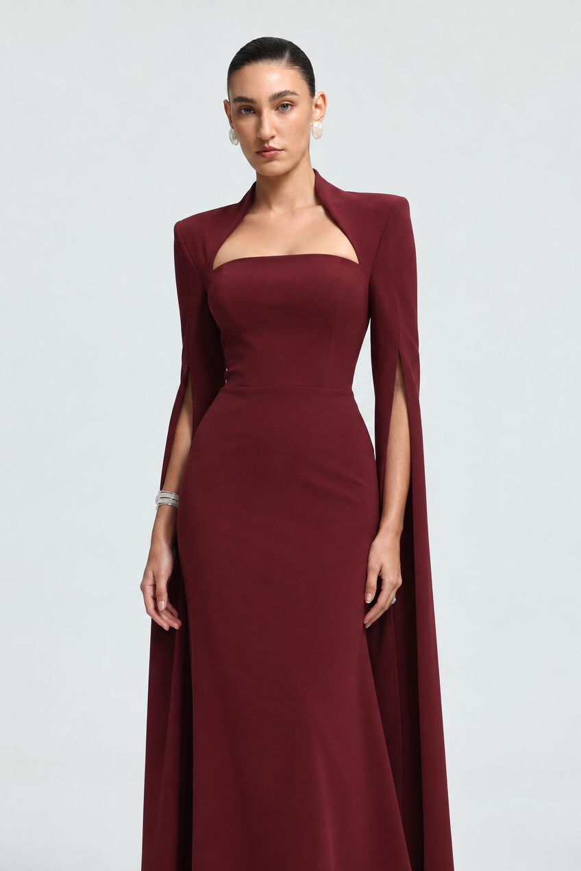 Werko Elegant Tailored Square Neck Cape Sleeve Woven Maxi Dress