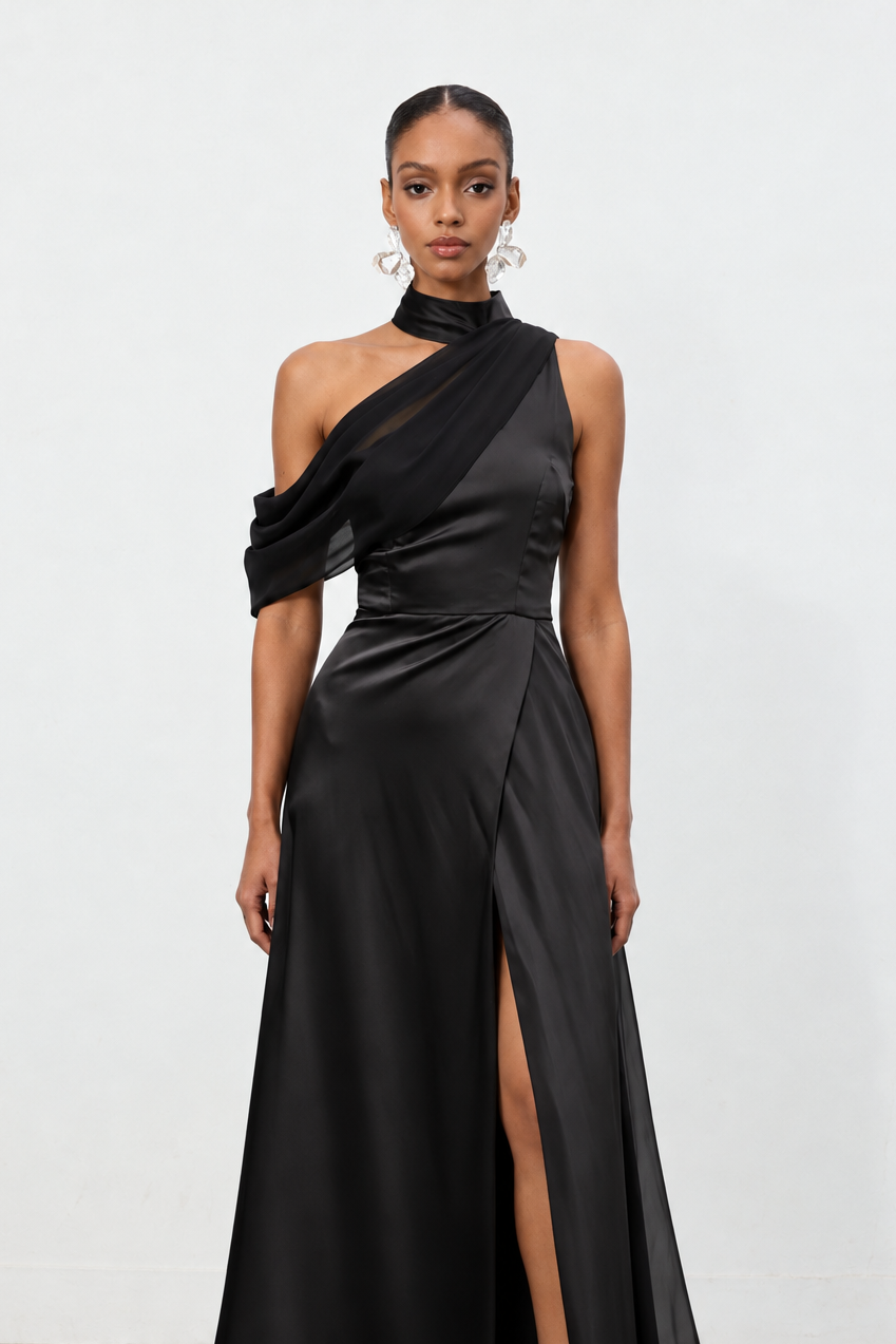 Kailani Chic Flowy High Neck One Shoulder Pleated High Slit Satin Black Maxi Dress