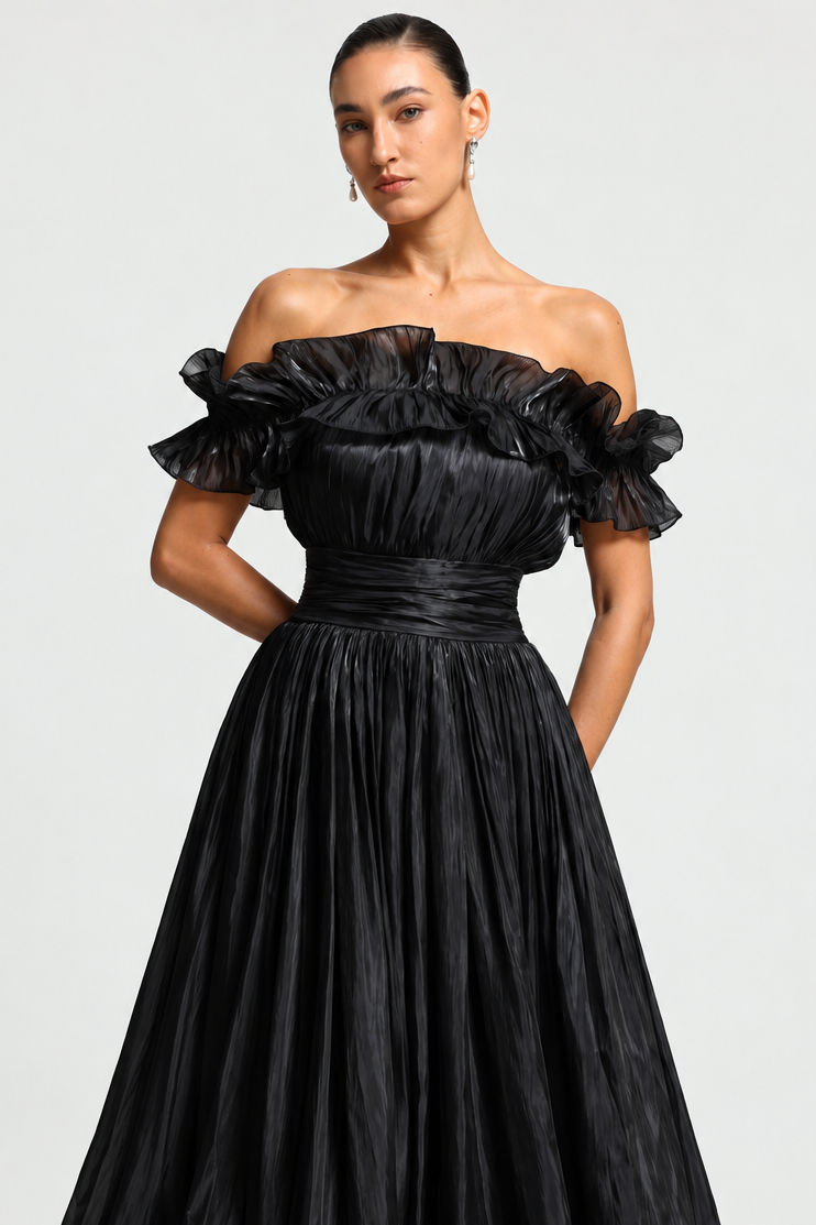 Suku Elegant Flowy Off Shoulder Ruched Black Maxi Dress