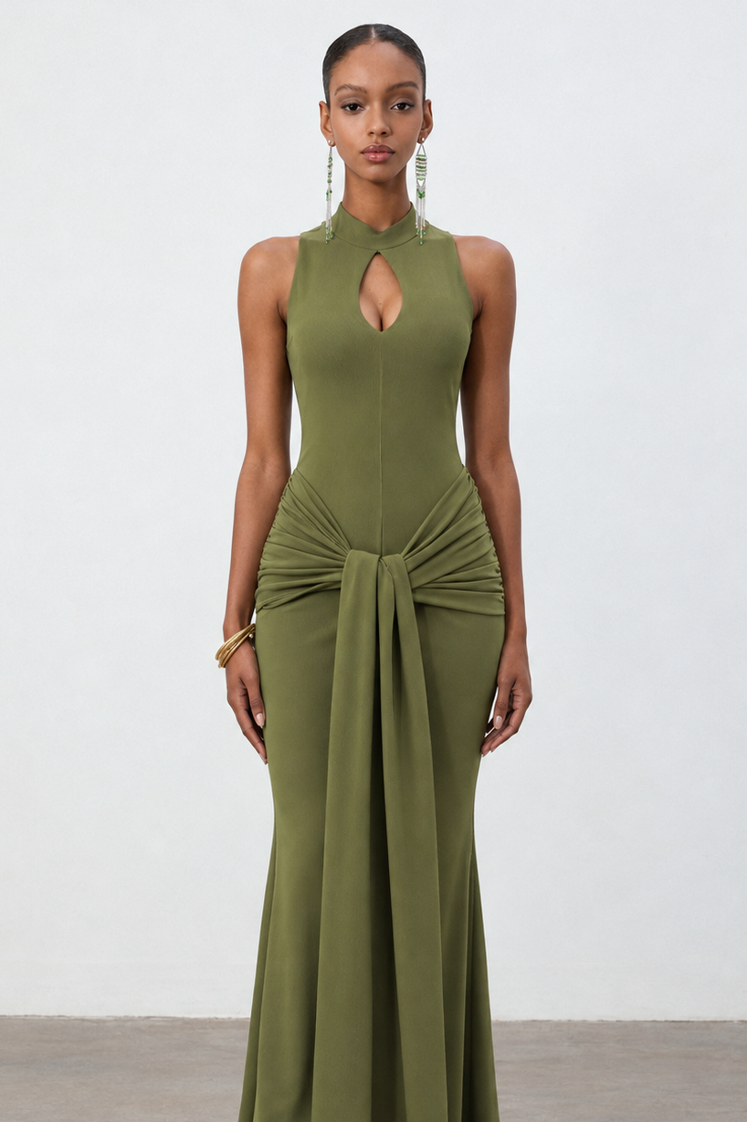 Sukia Chic Form-Fitting High Neck Cutout Draped Tie Sleeveless Mermaid Maxi Dress