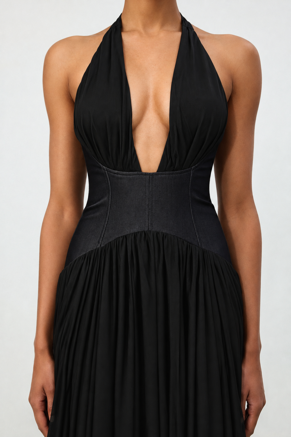 Siayh Modern Halter V Neck Color Block Black Maxi Dress