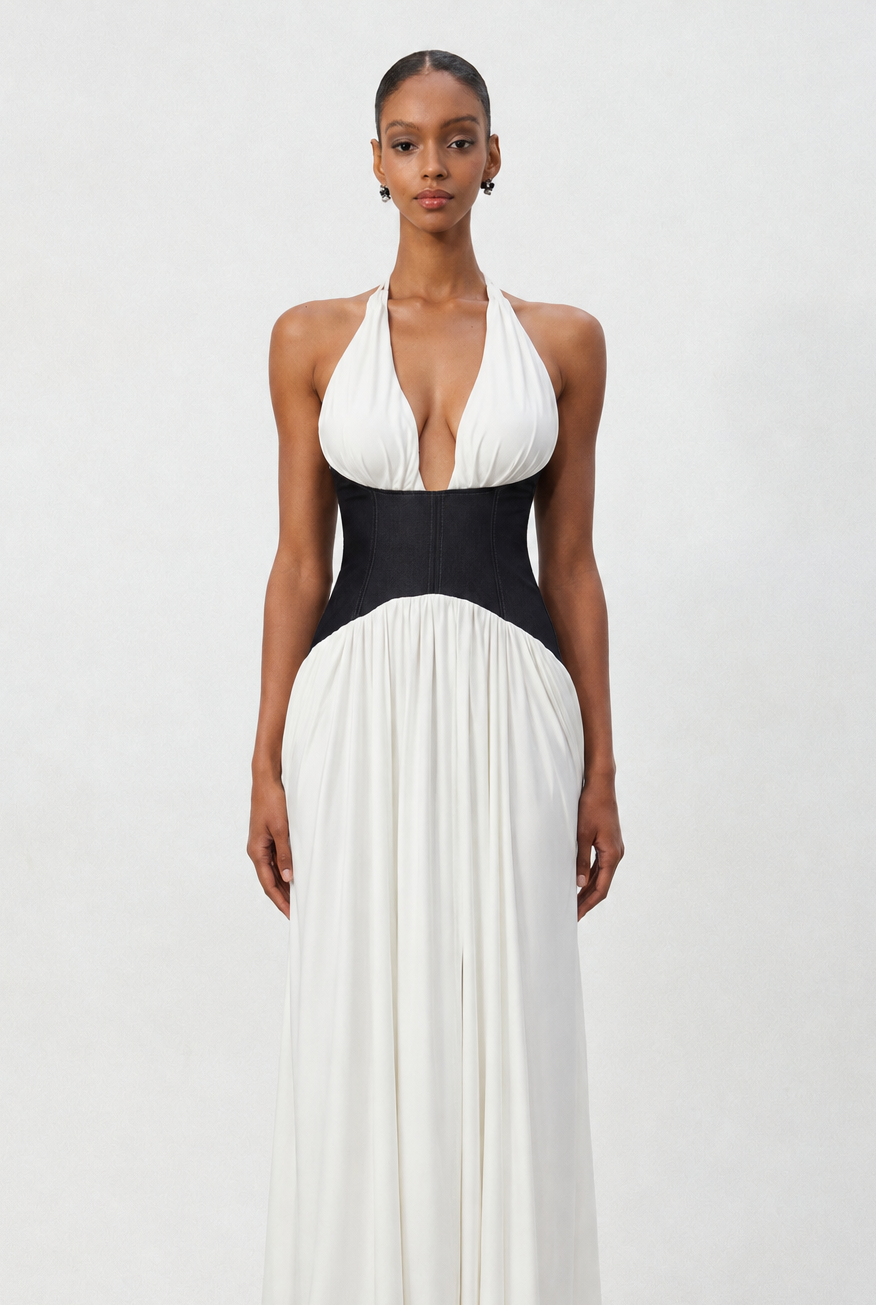 Siayh Modern Halter V Neck Color Block Maxi Dress