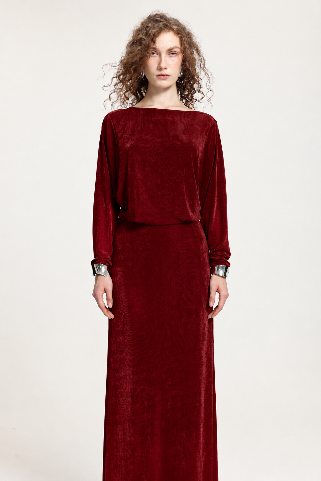 Burgundy Boat Neck Dolman Sleeve Open-Back Maxi Dress