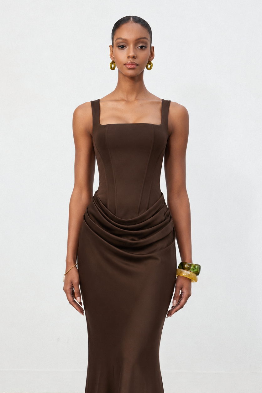 Winey Elegant Cinching Waist Square Neck Thin Strap Boned Fitted Draped Ruched Satin Mermaid Brown Maxi Dress