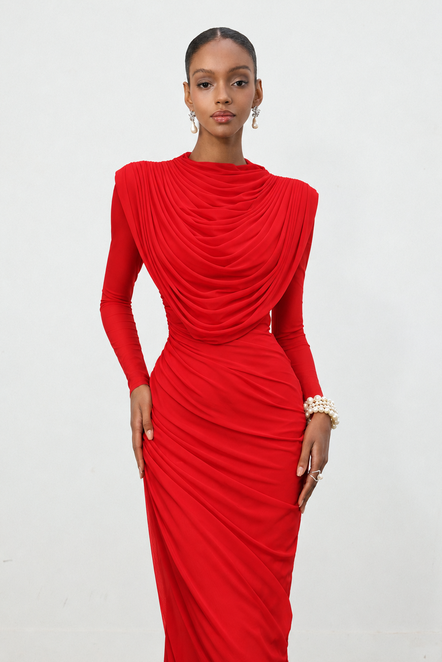 Kale Elegant Cinched Waist Long Sleeve Ruched Mermaid Woven Maxi Dress