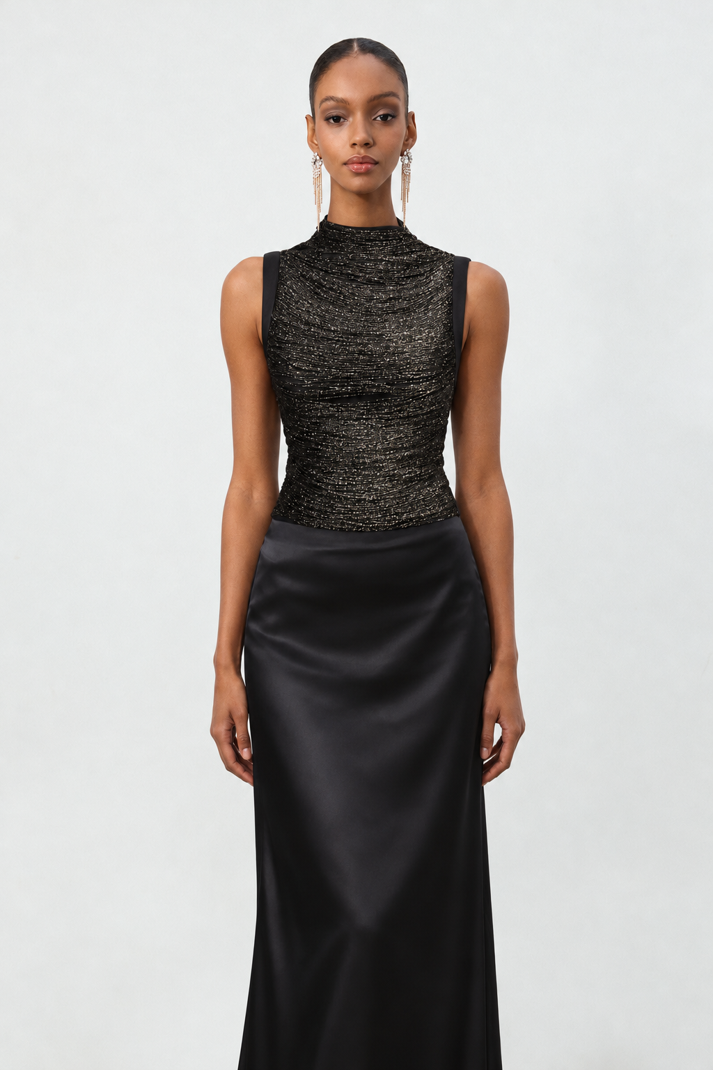 Halasa Stylish Sleeveless Fringe Top Satin Midi Skirt Woven Two Piece Set