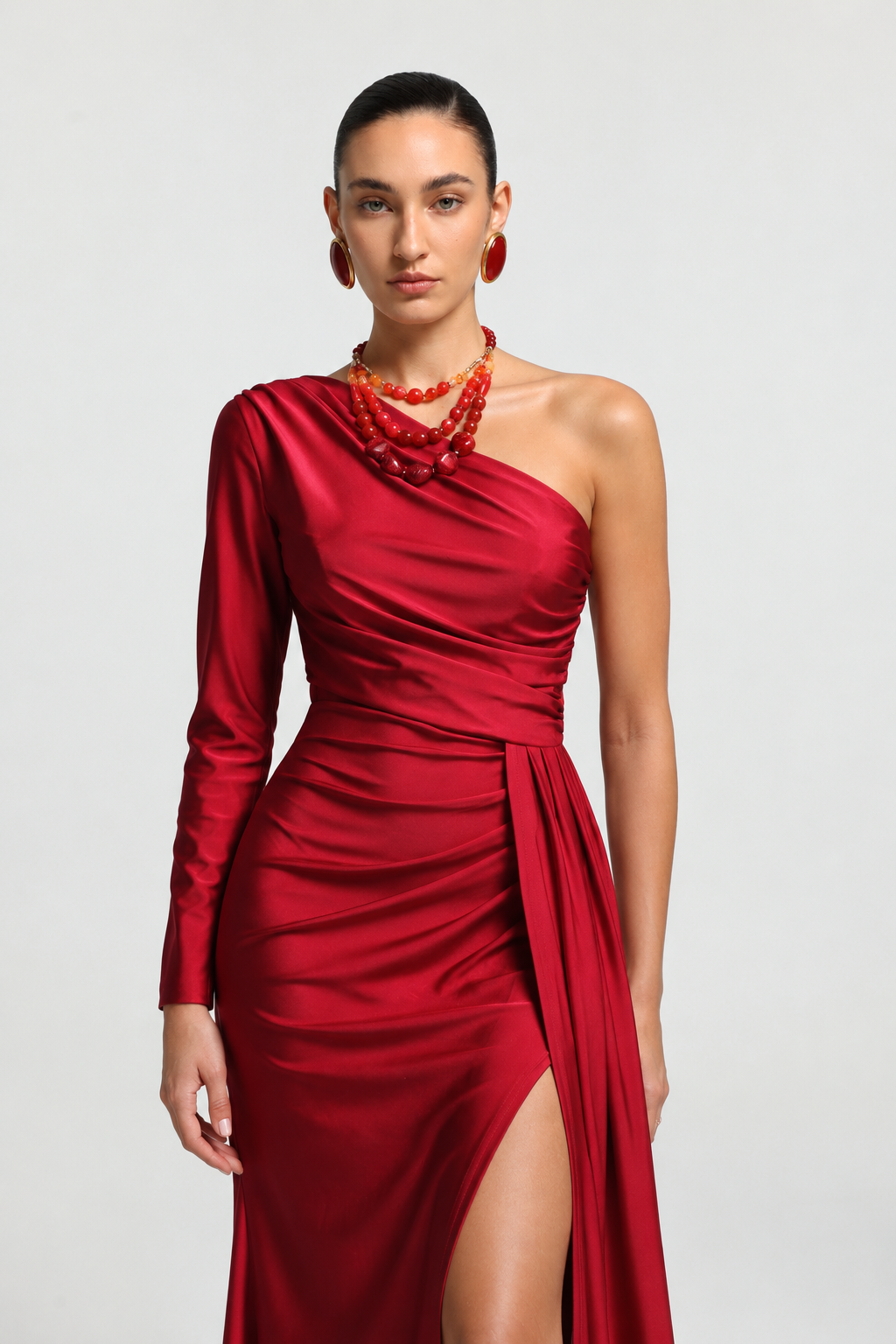 Piaka Elegant Contour One Shoulder Long Sleeve Ruched Sash Maxi Dress