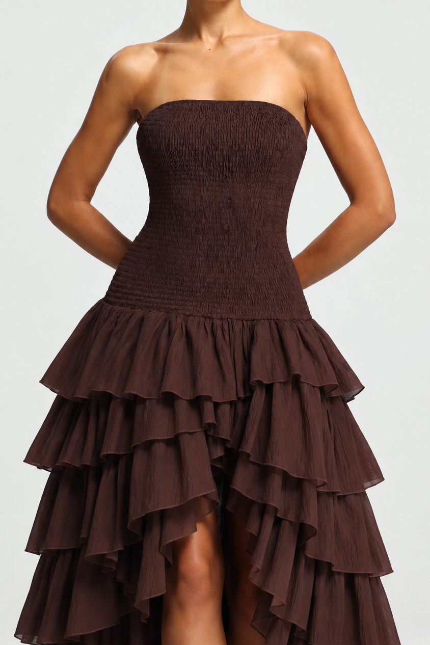 Orisy Vacation Strapless Shirred Tiered Ruffle Maxi Dress