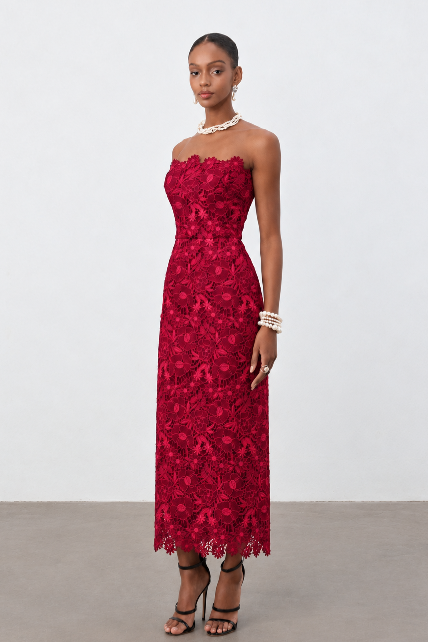 Ruby Red Floral Lace Strapless Column Midi Dress