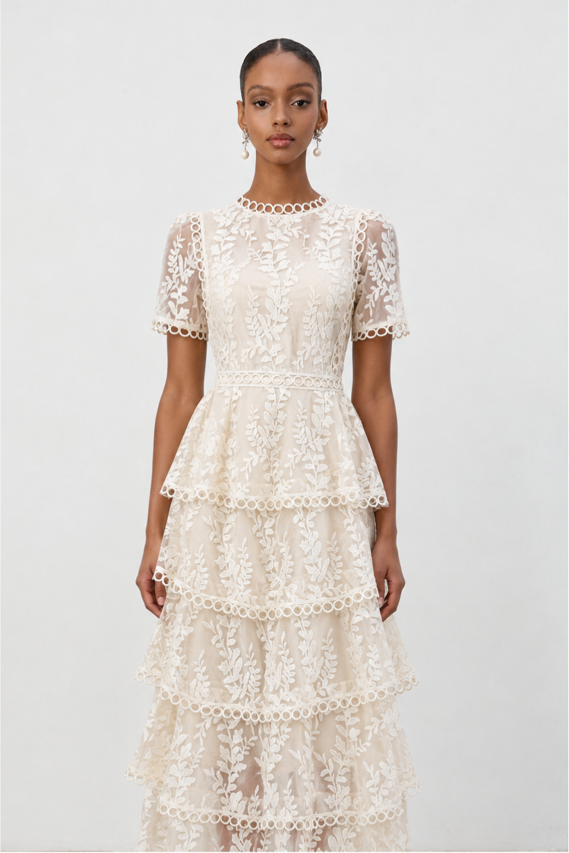Yedda Resort Flowy Round Neck Short Sleeve Floral Embroidered Woven Maxi Dress