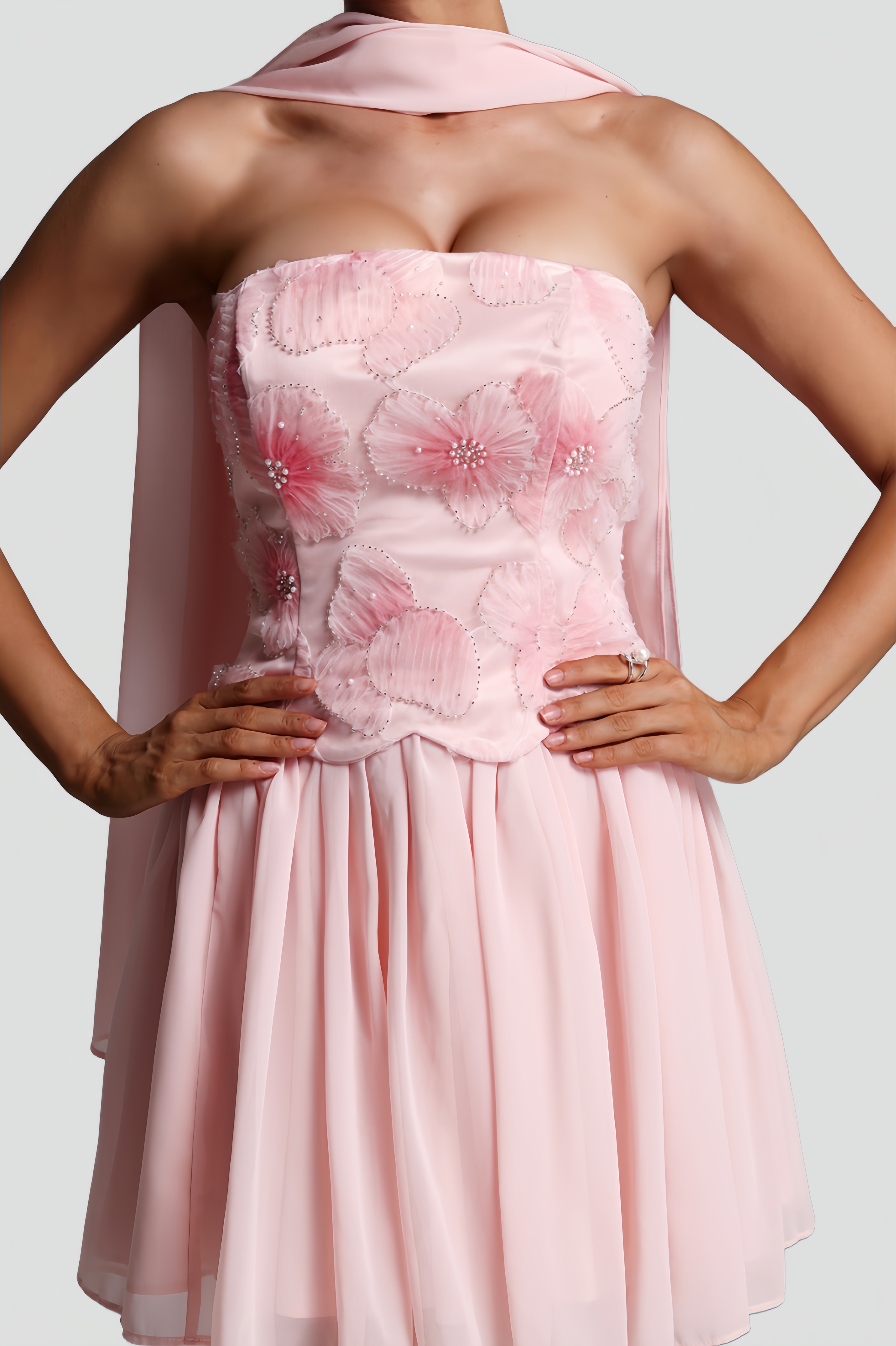 Sharlot Romantic Flowy Strapless Scarf Floral Mini Dress