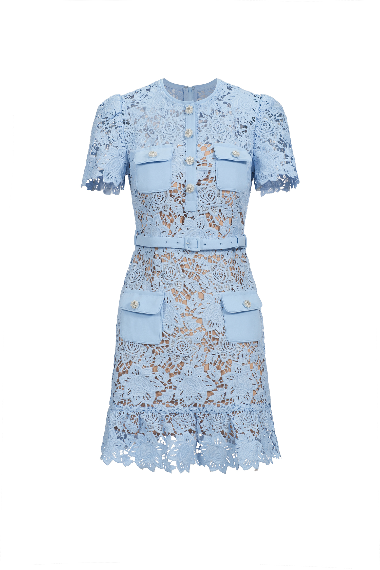 Mauris Diamond Button Short Sleeve Flowers Lace Mini Dress