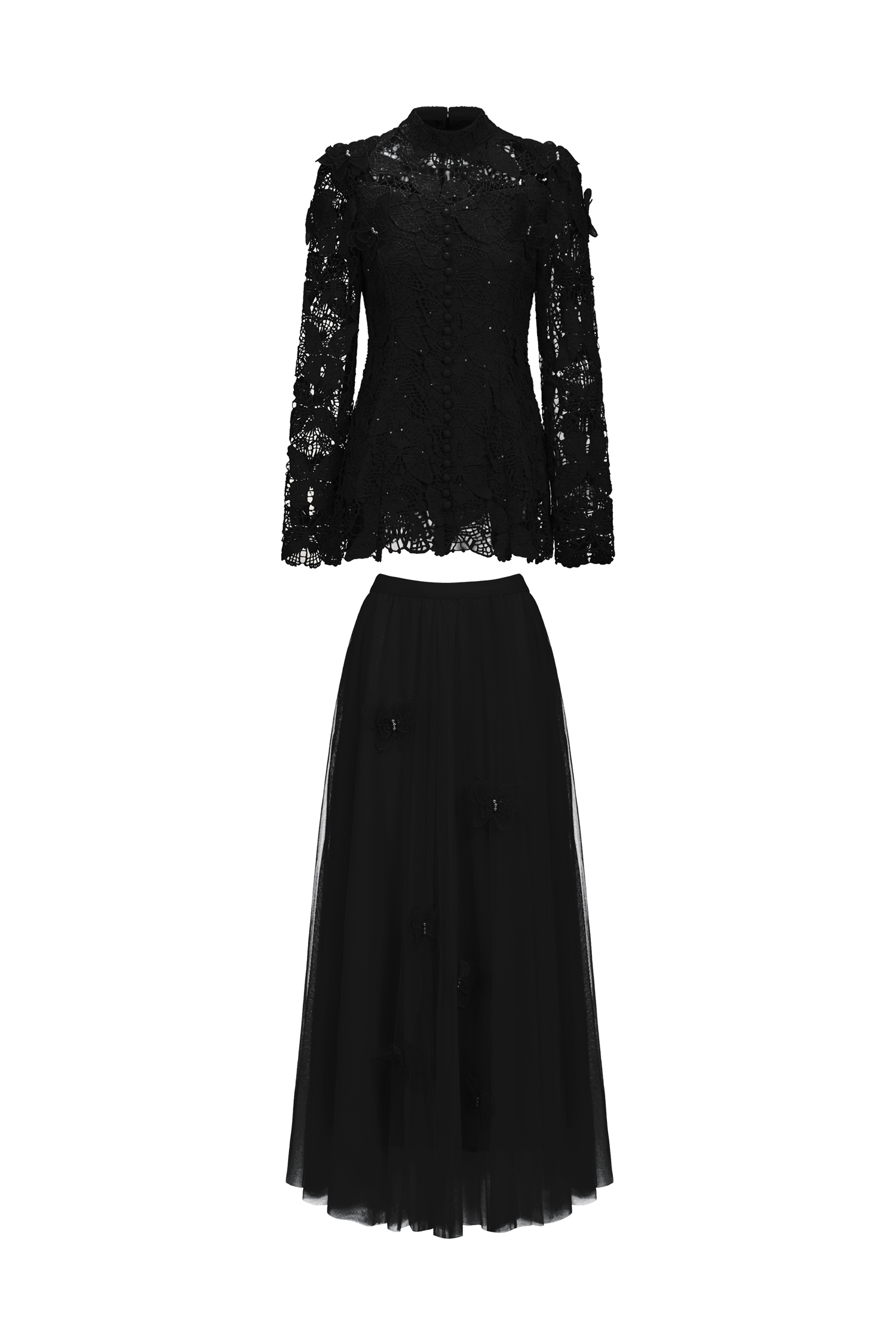 Okama Long Sleeve Folds Lace Butterfly Top And Skirt Two-Piece Set