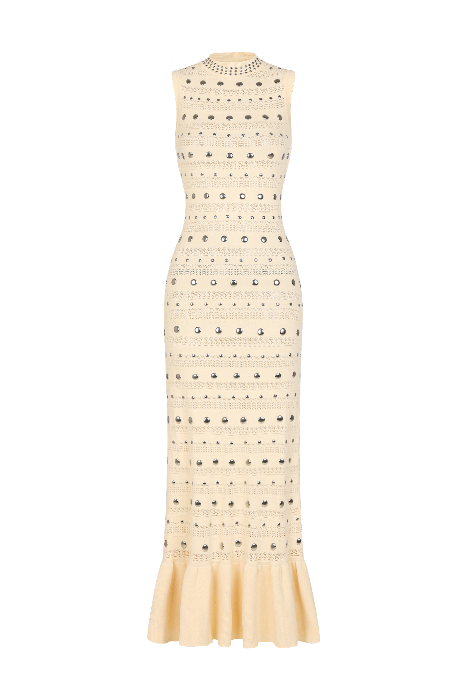 Verga Sleeveless Round Neck Rivet Folds Maxi Dress