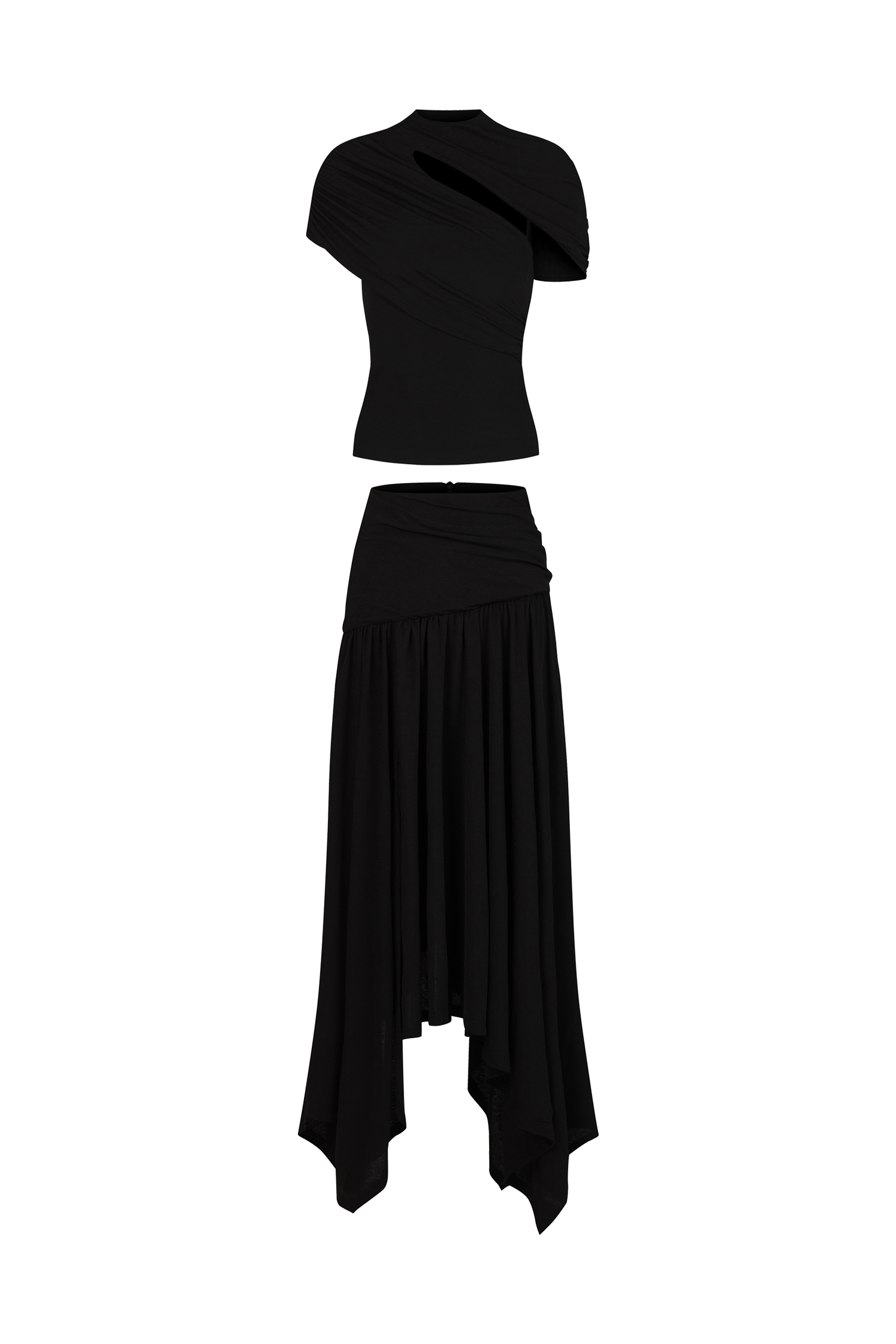 Gaki Short Sleeves Asymmetric Folds Top And Skirt Two-Piece Set