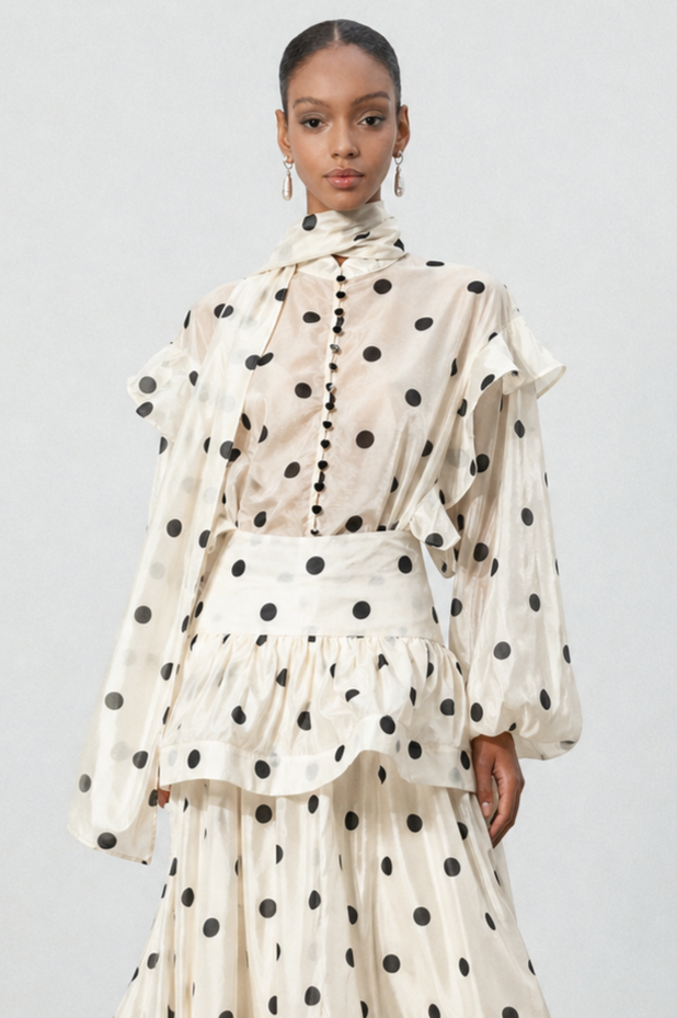 Rode Dot Printed Folds Long Sleeves Top And Skirt Two-Piece Set
