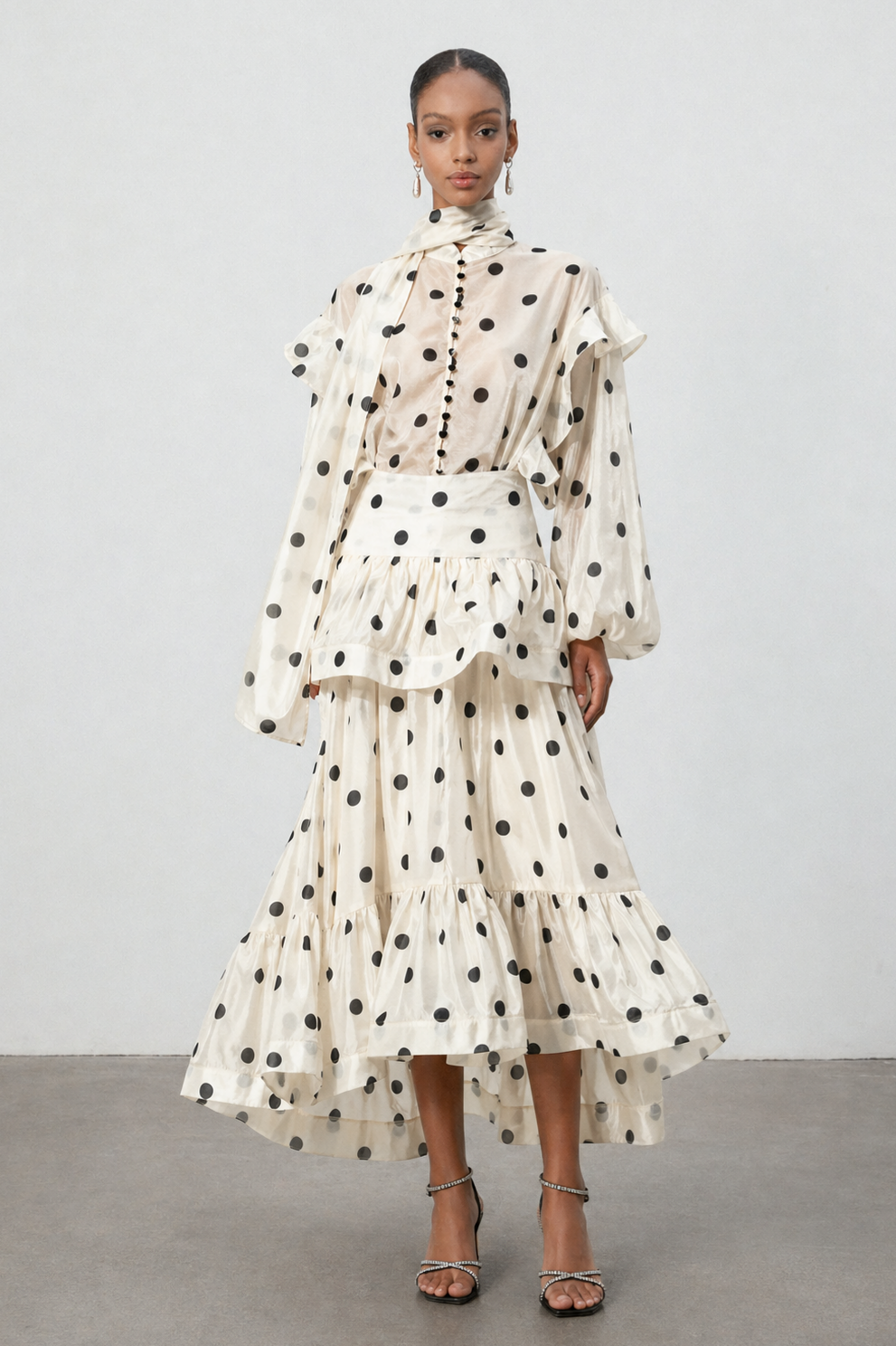 Rode Dot Printed Folds Long Sleeves Top And Skirt Two-Piece Set