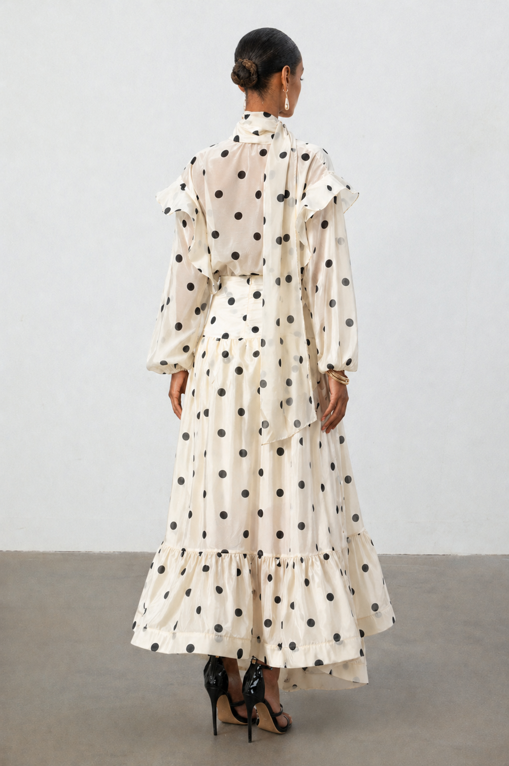 Rode Dot Printed Folds Long Sleeves Top And Skirt Two-Piece Set