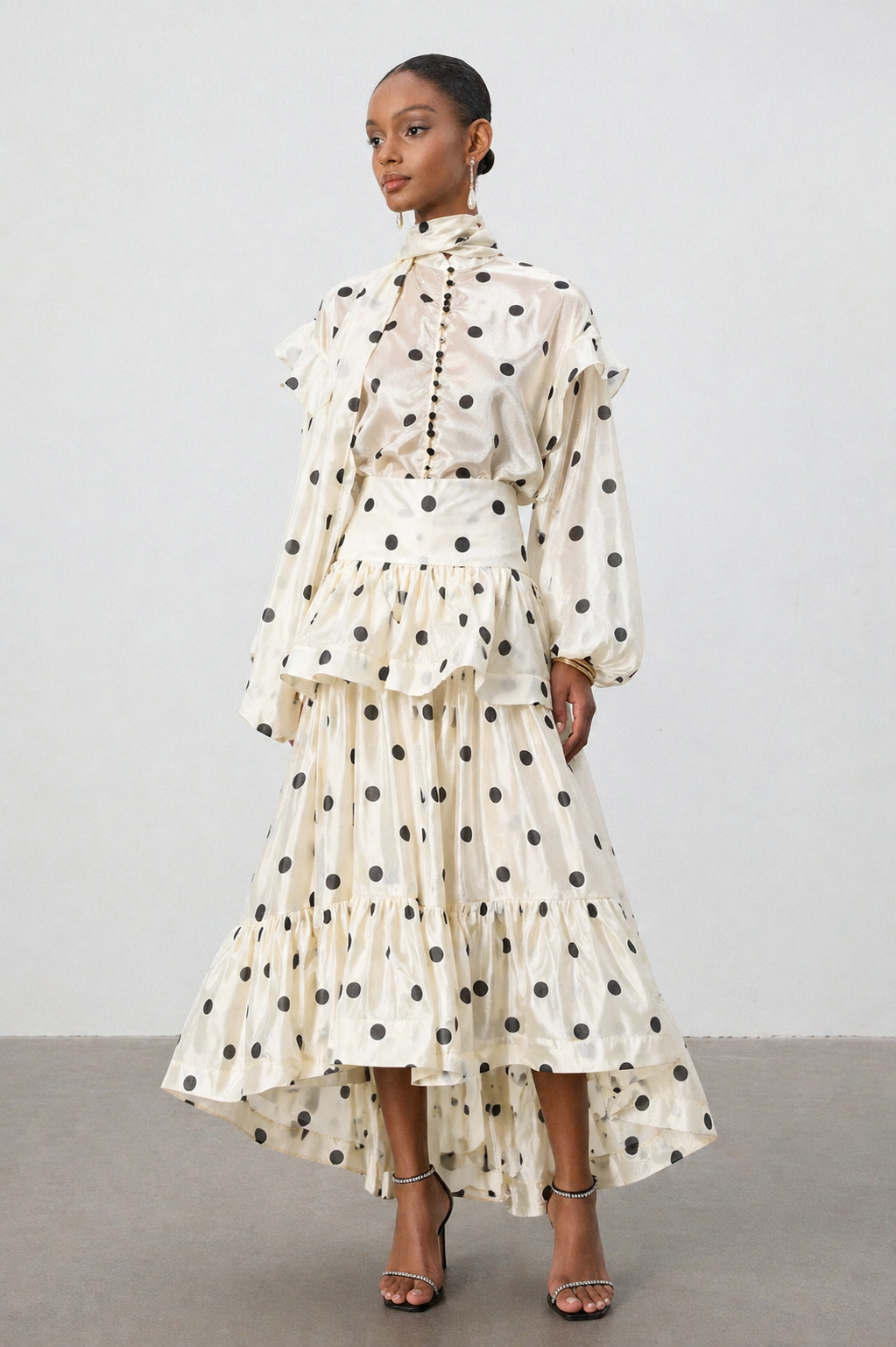 Rode Dot Printed Folds Long Sleeves Top And Skirt Two-Piece Set